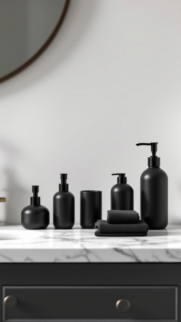 A collection of black bathroom accessories on a marble countertop