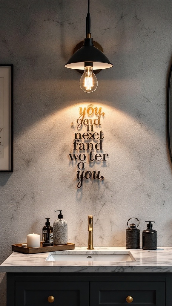 A black pendant light illuminates a stylish bathroom sink area with decorative wall text.