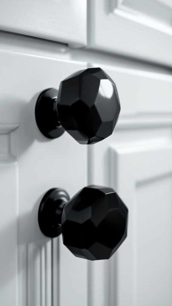 Close-up of black faceted cabinet knobs on white cabinetry