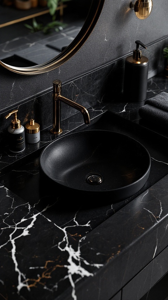 A stylish black sink set against a dark marble countertop with gold accents.