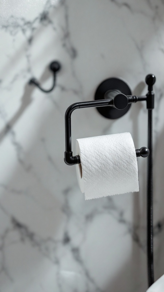 Black toilet paper holder mounted on a marble wall with a roll of toilet paper