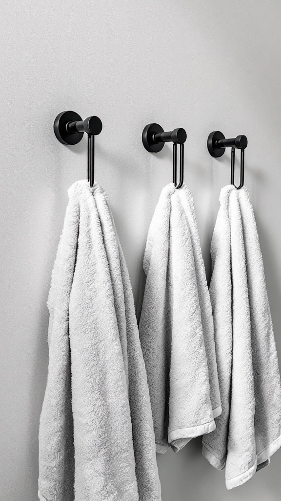 Three black towel hooks with white towels hanging on them, mounted on a light gray wall.