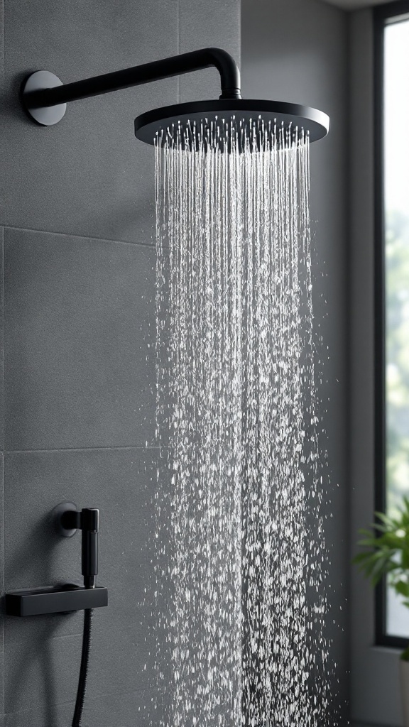 A sleek black showerhead with water flowing down in a modern bathroom setting.