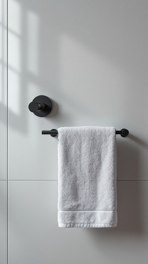 A black towel holder mounted on a minimalist wall with a white towel hanging on it.