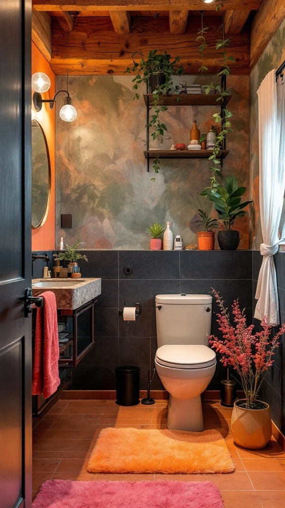 A stylish bathroom featuring black fixtures and bright accents, showcasing a colorful design with plants and soft rugs.