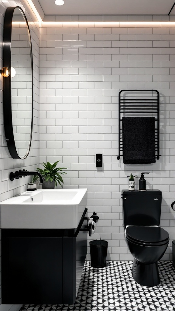 A modern bathroom featuring black fixtures and white tiles, with plants for a touch of greenery.