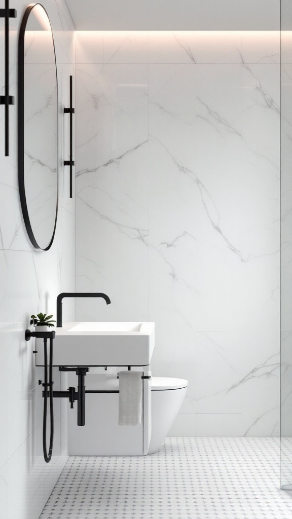 Modern black and white bathroom with marble walls and black hardware.