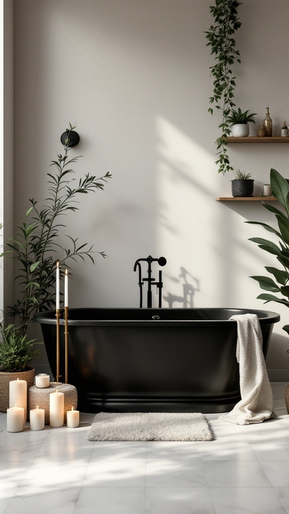 A stylish black bathtub with candles and plants, creating an elegant bathroom ambiance.