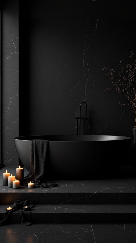 A modern bathroom featuring a black bathtub, candles, and black hardware.