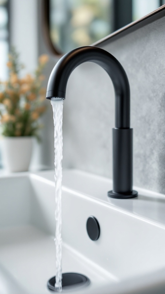 A sleek matte black faucet with water flowing into a white sink.