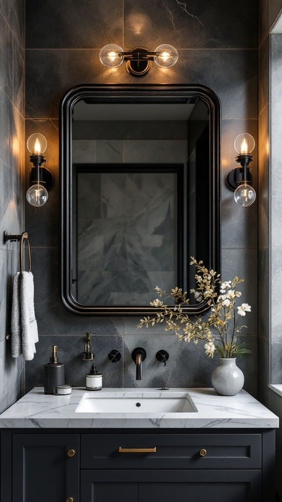 A stylish bathroom with a black mirror, elegant lighting fixtures, and a modern sink.