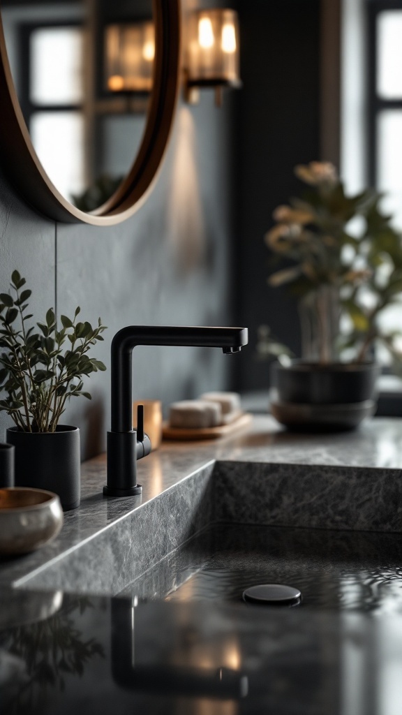 A modern bathroom featuring a sleek black faucet, surrounded by decorative elements and soft lighting.