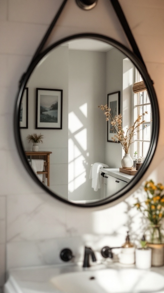 A stylish round black mirror reflecting a bright bathroom with natural light and elegant decor.