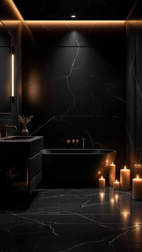 Luxury black bathroom with ambient lighting and candles