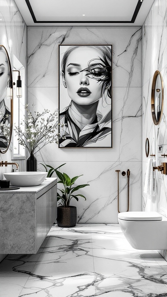 Artistic black and white portrait in a luxurious bathroom setting