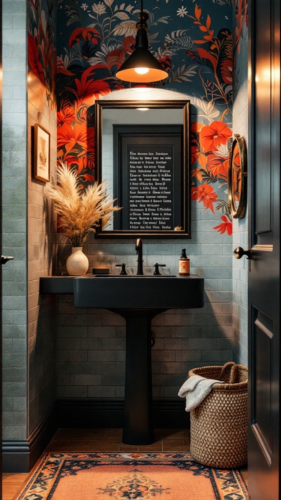 A small bathroom featuring a black sink, floral wallpaper, and warm lighting