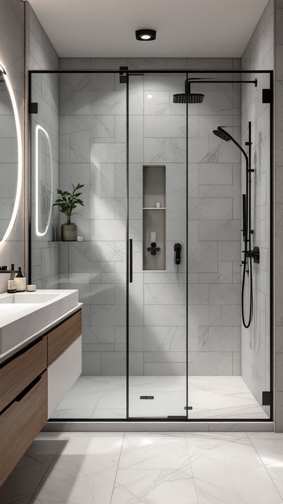 A luxury bathroom featuring a chic shower with dark glass enclosure and modern fixtures.