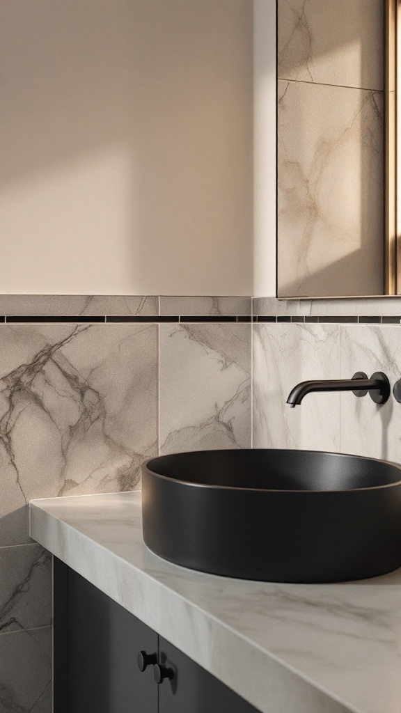 A black sink in a bathroom with light-colored tiles, showcasing a contrast between dark and light elements.