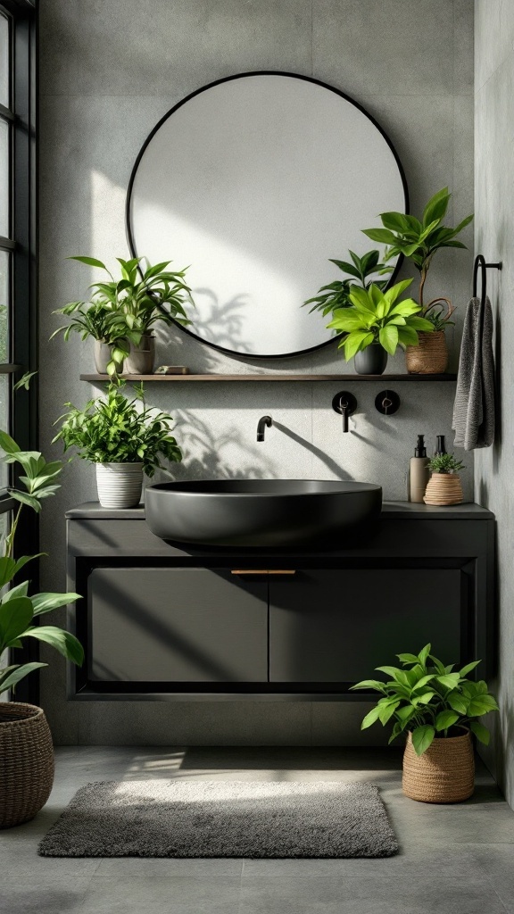 A modern black sink in a stylish bathroom surrounded by plants