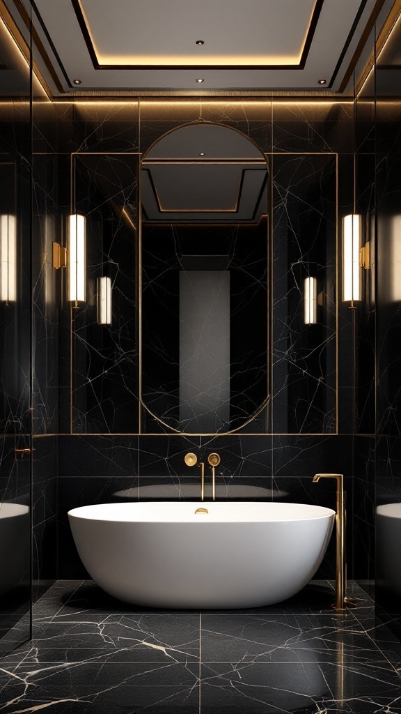Elegant black bathroom featuring marbled walls and a white bathtub
