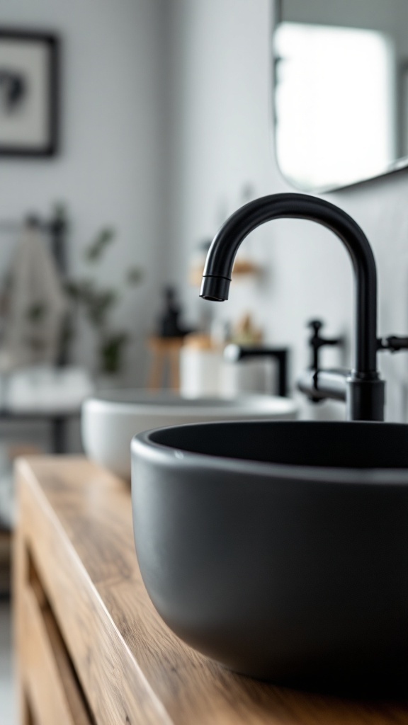 A modern black faucet above a round black sink on wooden cabinetry in a stylish bathroom setting.