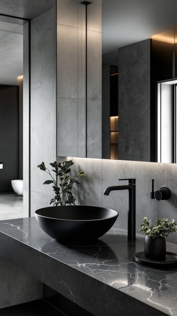 A modern bathroom featuring a black sink on a marble countertop with a sleek faucet and greenery decor.