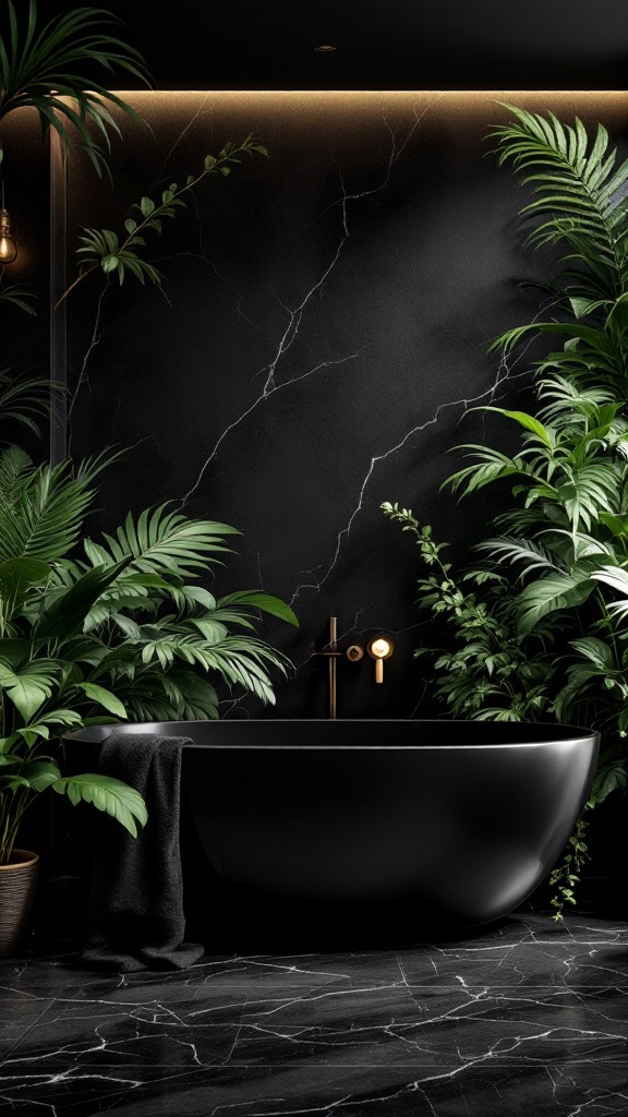 Luxurious black bathroom with a black bathtub surrounded by lush green plants
