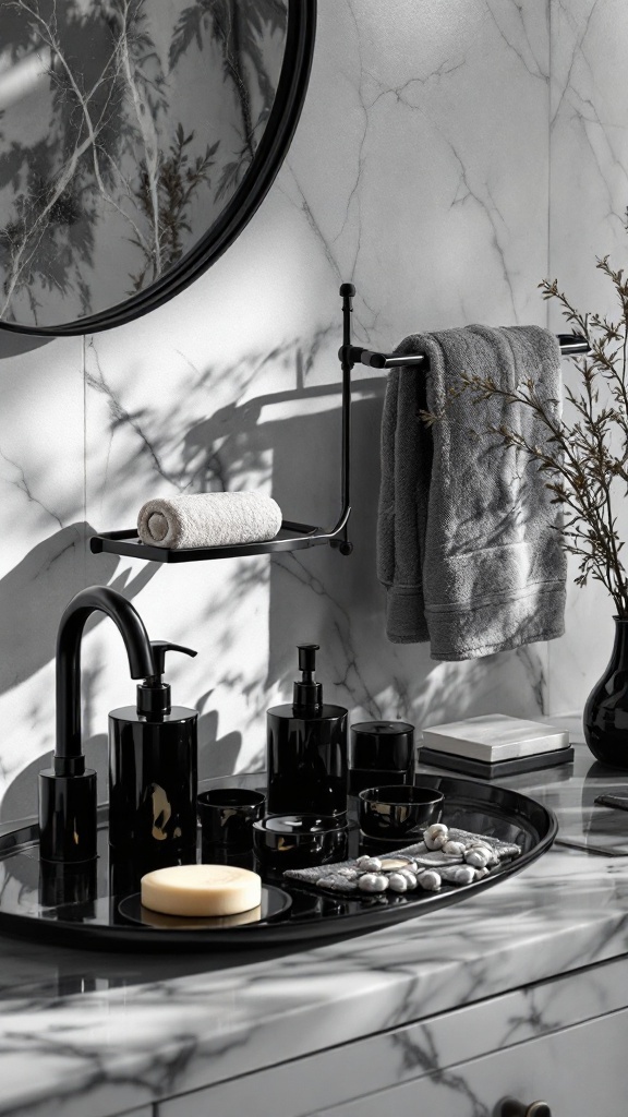 A stylish black sink with accessories on a marble countertop