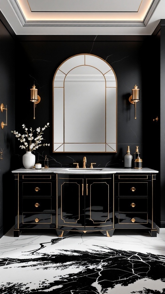 Luxury black bathroom with an elegant vanity featuring gold accents and a marble countertop.