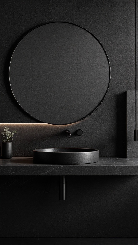 A modern black sink in a dark themed bathroom with a circular mirror and soft lighting.