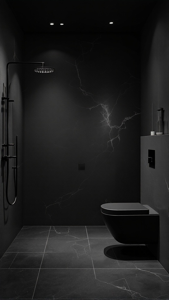 A luxury black bathroom featuring sleek fixtures and a modern aesthetic.