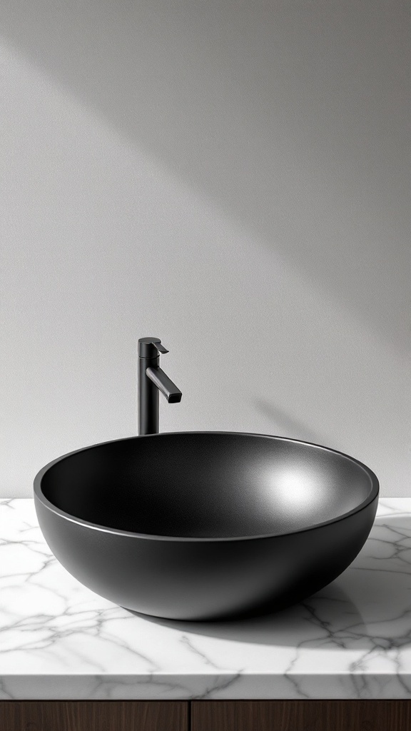 A sleek matte black basin on a marble countertop with a stylish faucet.