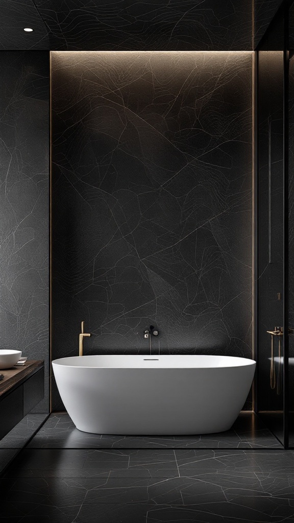 A luxury black bathroom featuring textured wall panels.