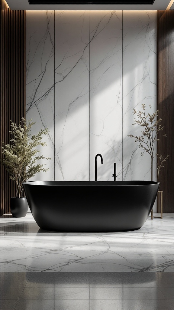A stylish black freestanding bathtub in a luxury bathroom with marble flooring and natural decor.