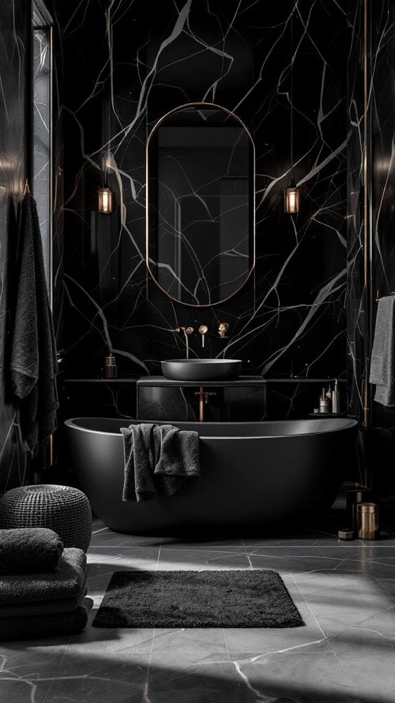 A luxurious black bathroom featuring a stylish bathtub, black towels, and elegant accessories.