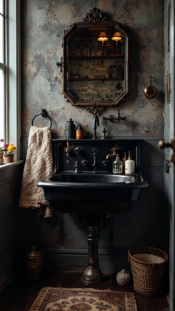 A vintage styled bathroom featuring a black sink with a decorative mirror above it.