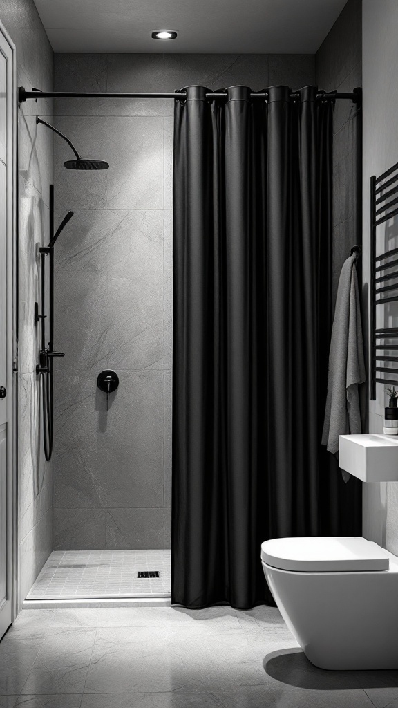 Modern black shower curtain in a stylish bathroom setting