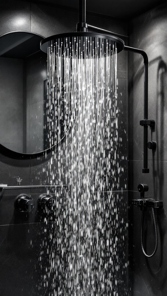 Black showerhead in a modern bathroom with water flowing down.