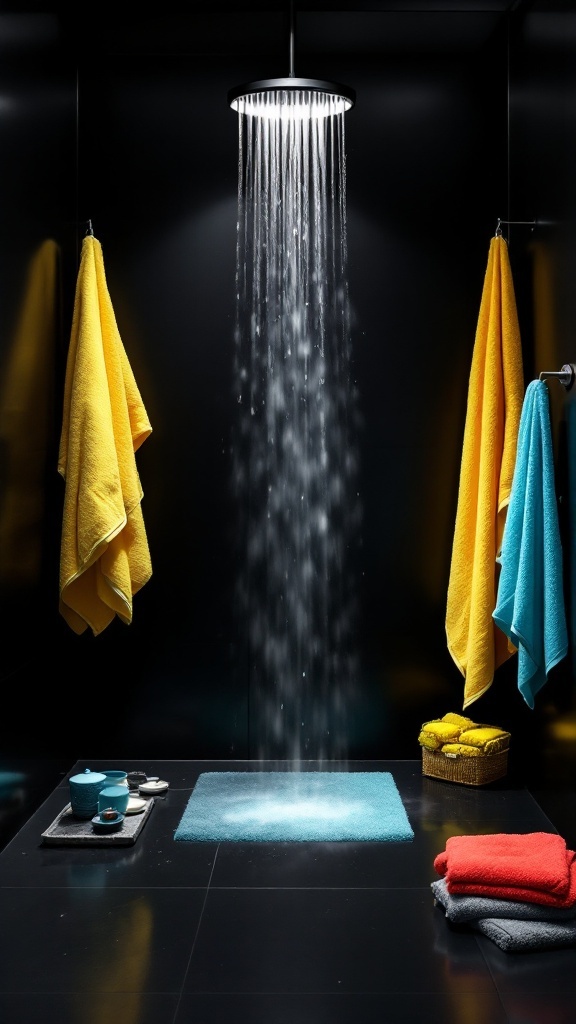 Black shower bathroom featuring bright yellow towels, a light blue mat, and colorful accessories.