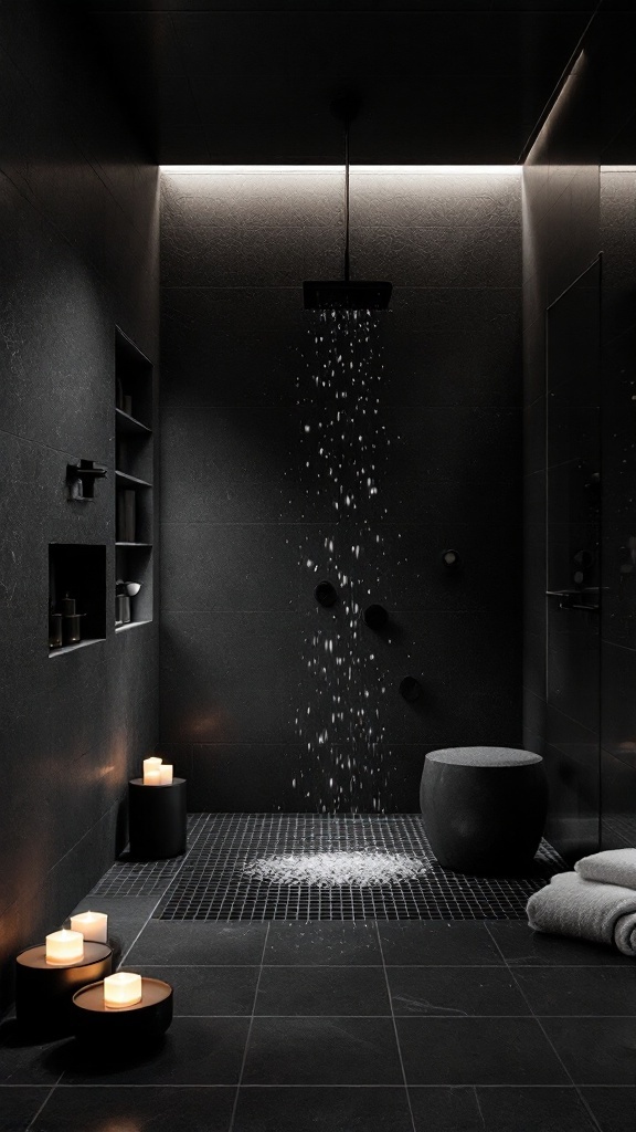 A modern black shower bathroom with a rainfall showerhead, soft lighting, and candles.