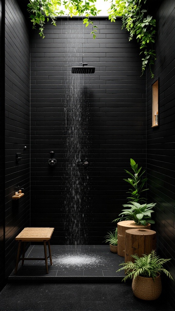 A modern black shower bathroom with lush greenery and natural wooden elements.