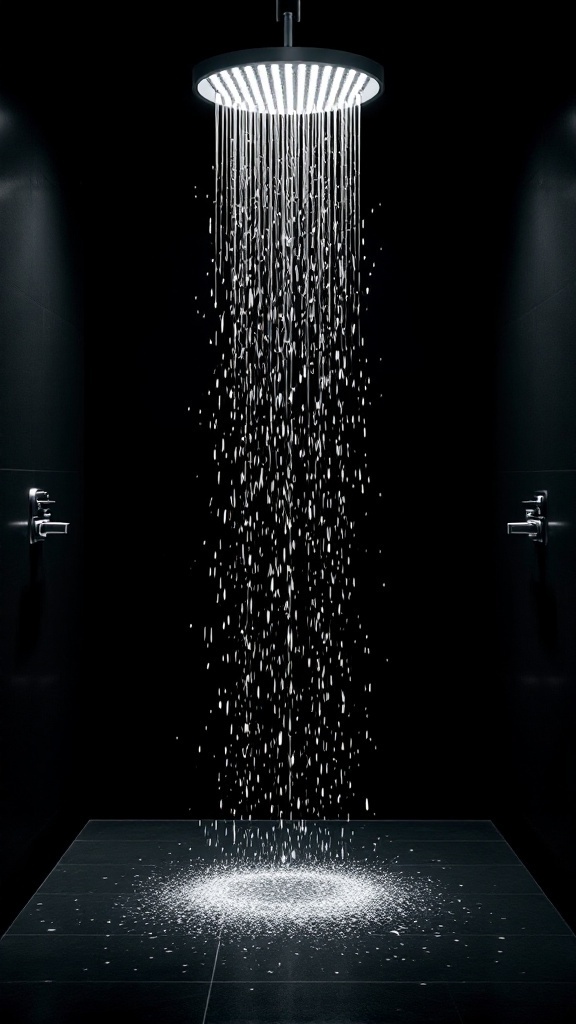 A modern black shower with a bright overhead light illuminating water droplets