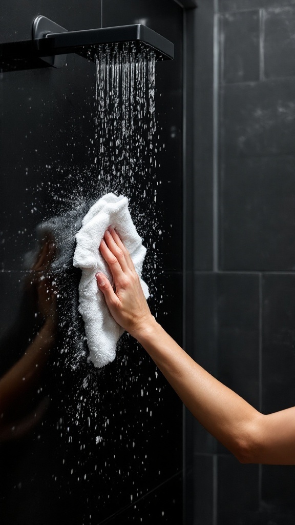 A hand wiping a black shower wall with a white cloth while water flows from the showerhead.