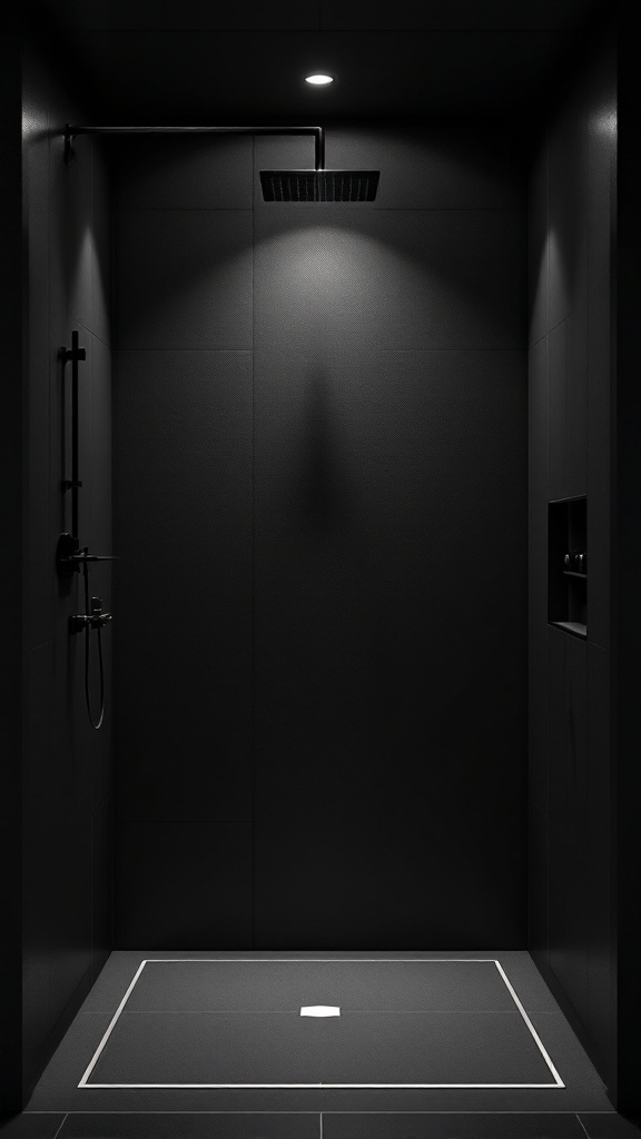 A modern black shower with minimalist accessories