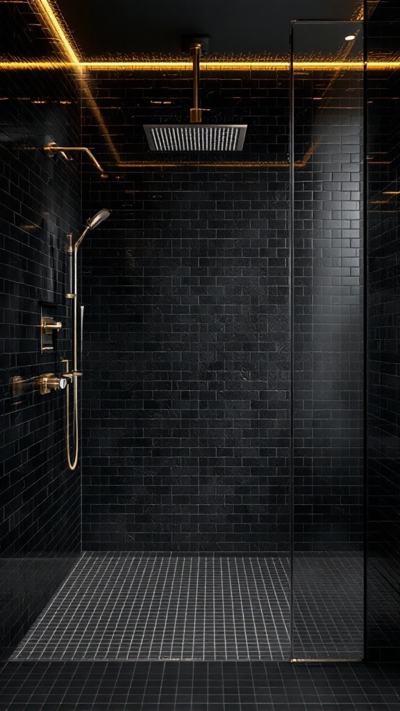 A modern black tiled shower with gold fixtures and a glass enclosure