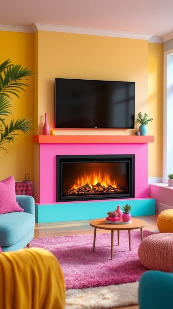 A colorful living room featuring a pink electric fireplace, a mounted TV, and vibrant decor.