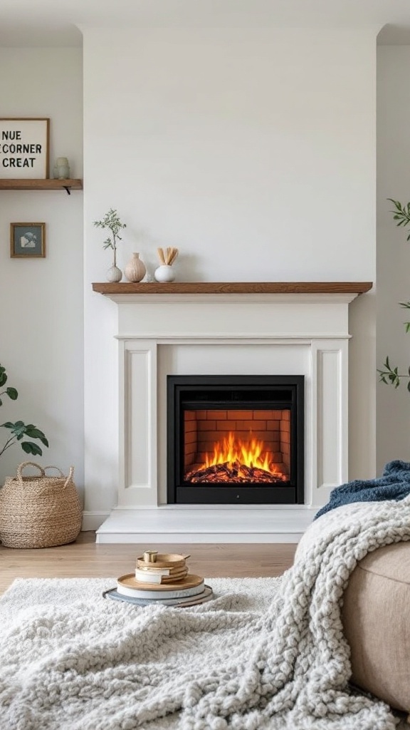 A compact electric fireplace in a stylish basement setting, surrounded by a cozy atmosphere with soft textiles.