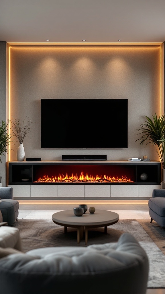 A modern living room featuring a contemporary electric fireplace below a flat-screen TV, illuminated with warm lighting.