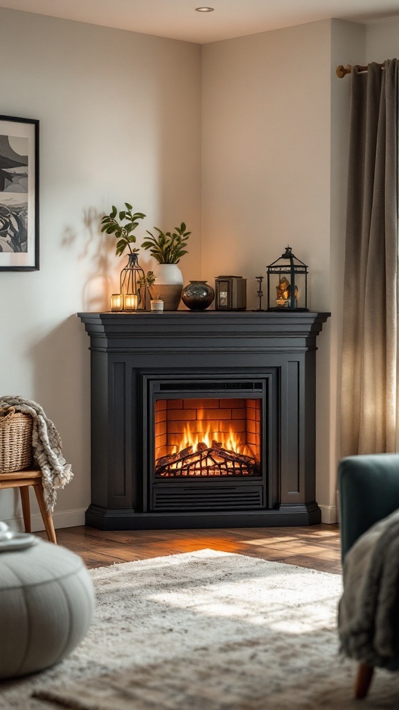Corner electric fireplace with a black mantel and decorative items