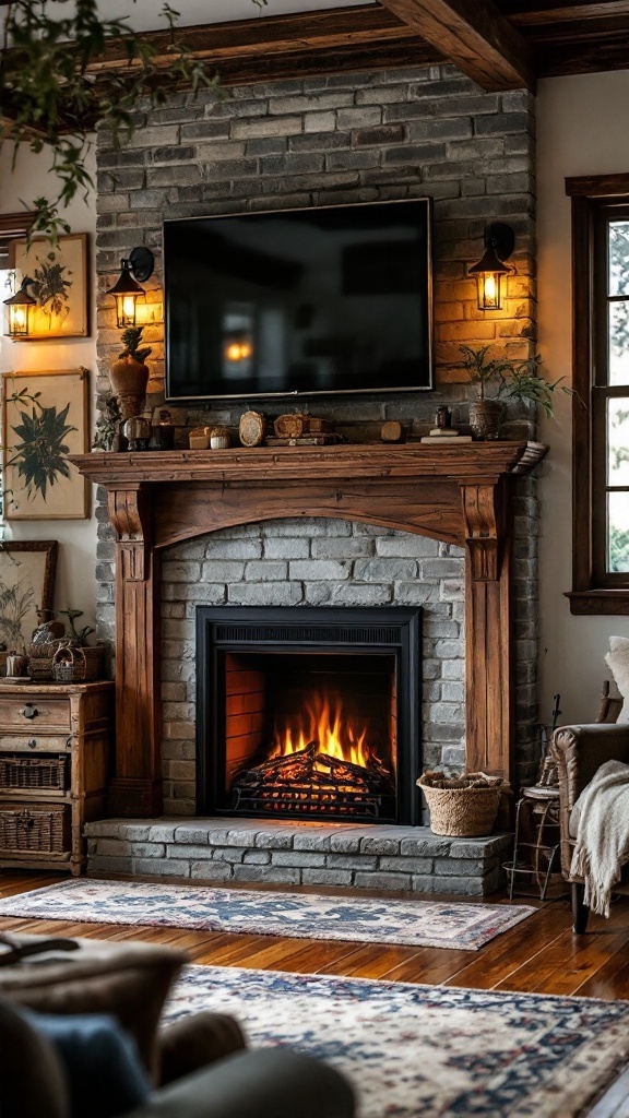 Cozy rustic living room with an electric fireplace, mounted TV, and warm decor